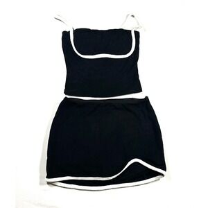 NIA Black Terry Cloth 2 Piece Set Crop Top S Mini Skort M White Contrast Trim